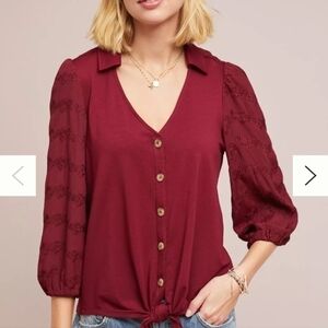 Anthropologie Vanessa Virginia Lenora Maroon Embroidered Top, Sz Small